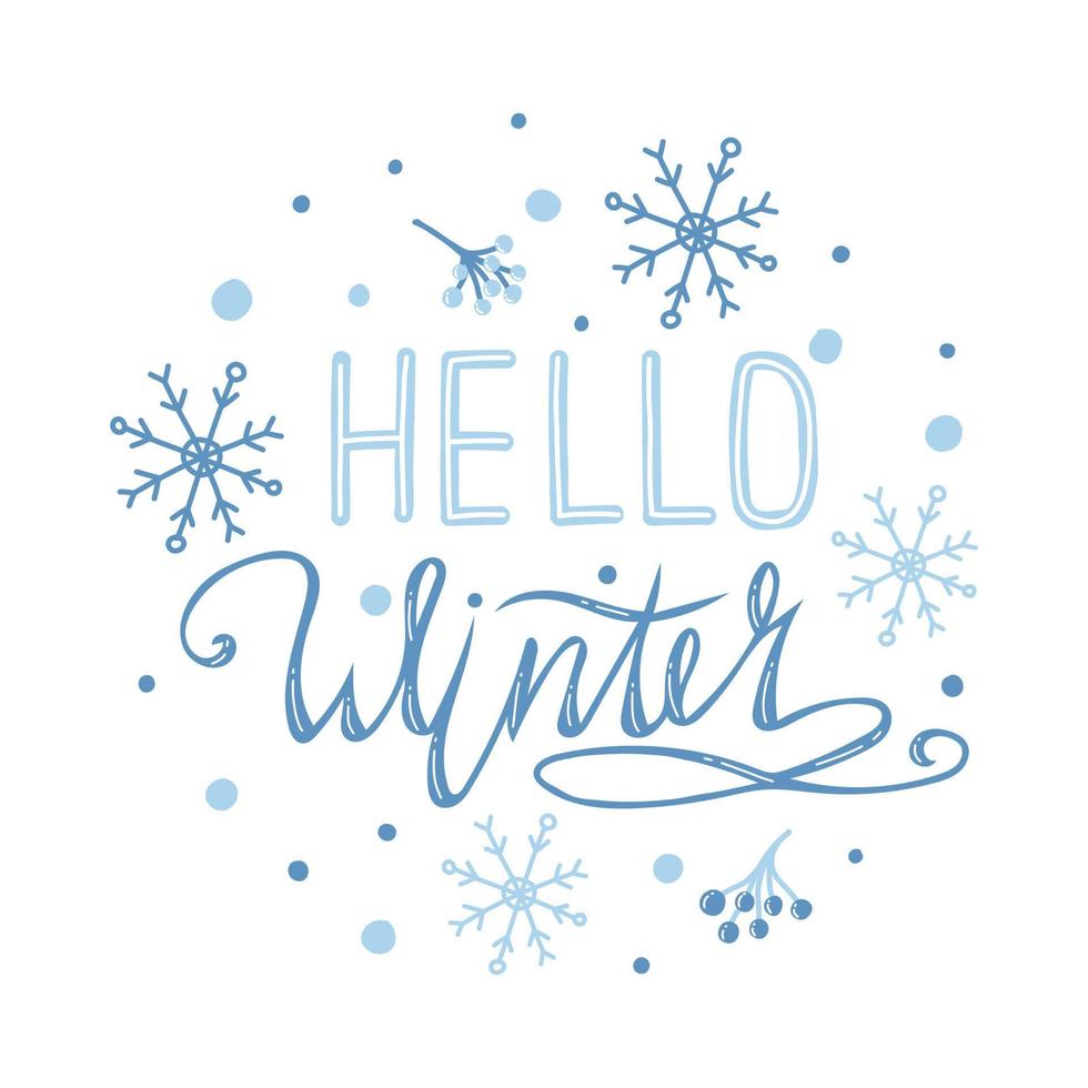 Hello Winter handwritten calligraphic inscription with snowflakes. Hand drawn winter inspiration phrase. vector illustration.