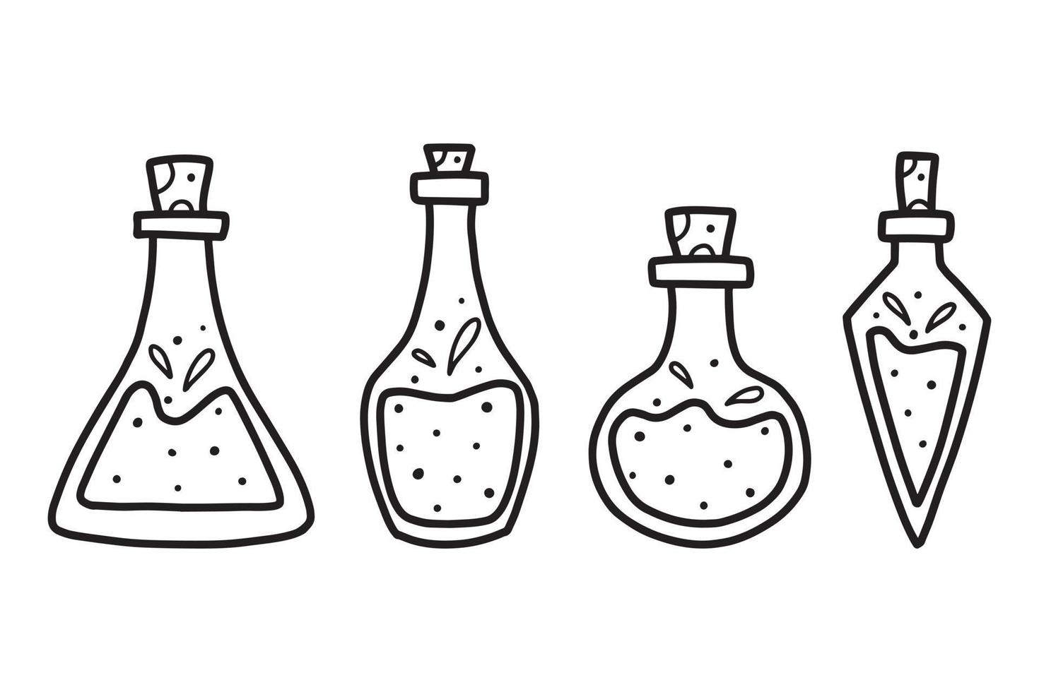 A set of potion jars. Magic Poison. Vector illustration. Collection of flasks with poison. Doodle style.