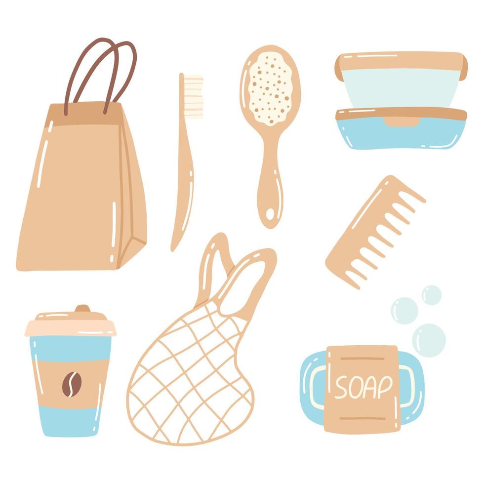 Collection of durable and reusable items or Zero Waste products - eco-friendly grocery bags, wooden comb, toothbrush, container. Flat vector illustration.