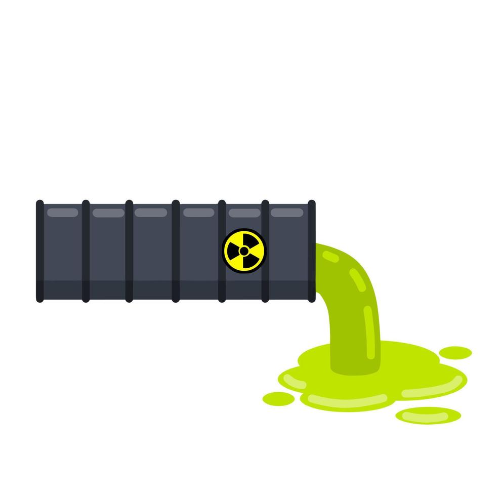 Pipe with chemical waste. Danger sign. Radioactive toxic green liquid. Industrial drain. Problem of ecology. Flat vector cartoon illustration