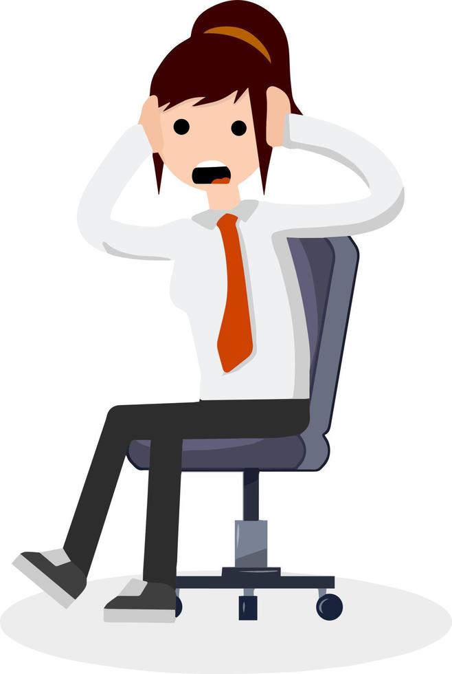 Cartoon flat illustration - shocked woman in office clothes with red tie holding her head and screaming. Girl's scared. Business problem. Stress at work. Character sitting on a chair vector