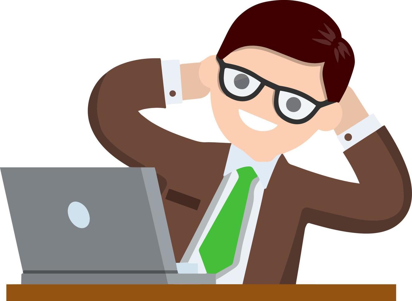 Successful businessman in suit. Gesture with hand behind head. Happy man in tie. Business or pleasure. Cartoon flat illustration. Rest at work with computer on table vector