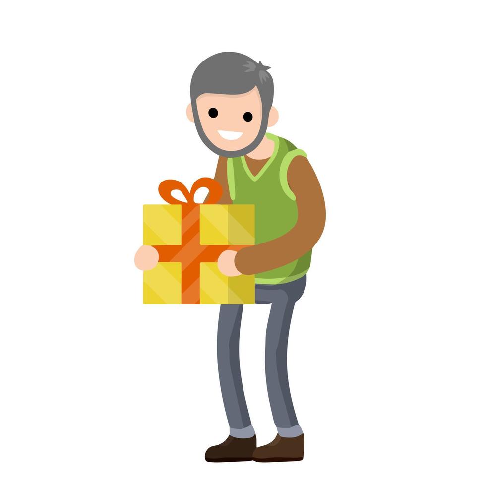 Grandpa is holding gift box. Congratulations to family on holiday. Grandfather day. Happy Old man. Senior birthday. Cartoon flat illustration vector