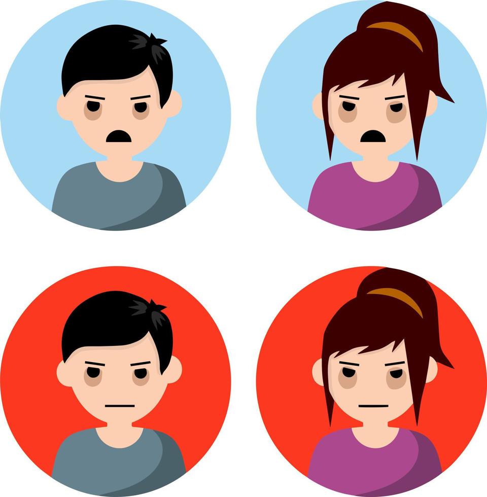 Set of man and woman. Angry and sad emotions. Avatar of social network character. Scary displeased face. Boy and girl in circle. unhappy character. Cartoon flat illustration vector