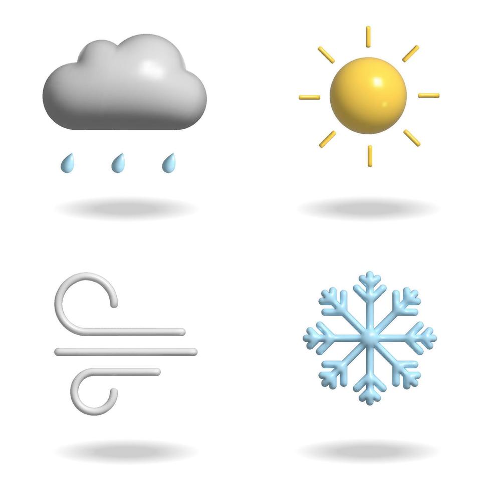 Set of 3d vector weather icons, realistic glossy plastic symbols of cloud, rain, sun, wind and snow.