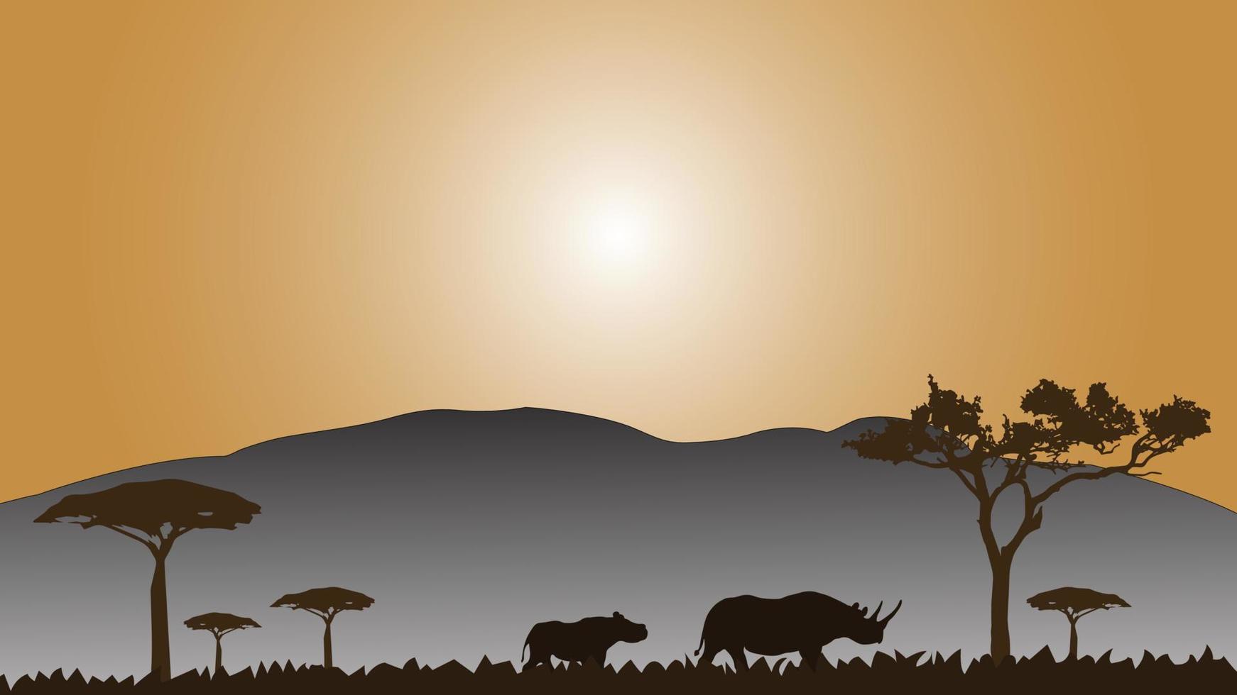 Full frame silhouette family of rhinoceros in the grassland on the multicolor background. vector