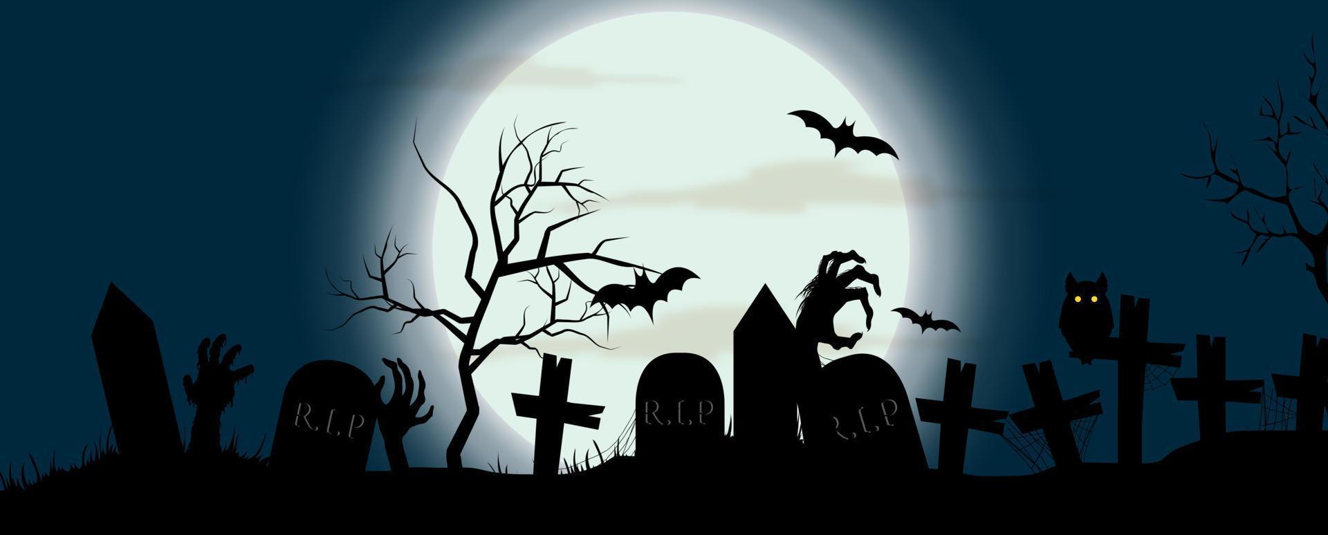 tarjeta de felicitación y afiche silueta negra de cementerios y manos de diablos en la escena nocturna de terror del día de Halloween. todo en diseño de vectores de banner.