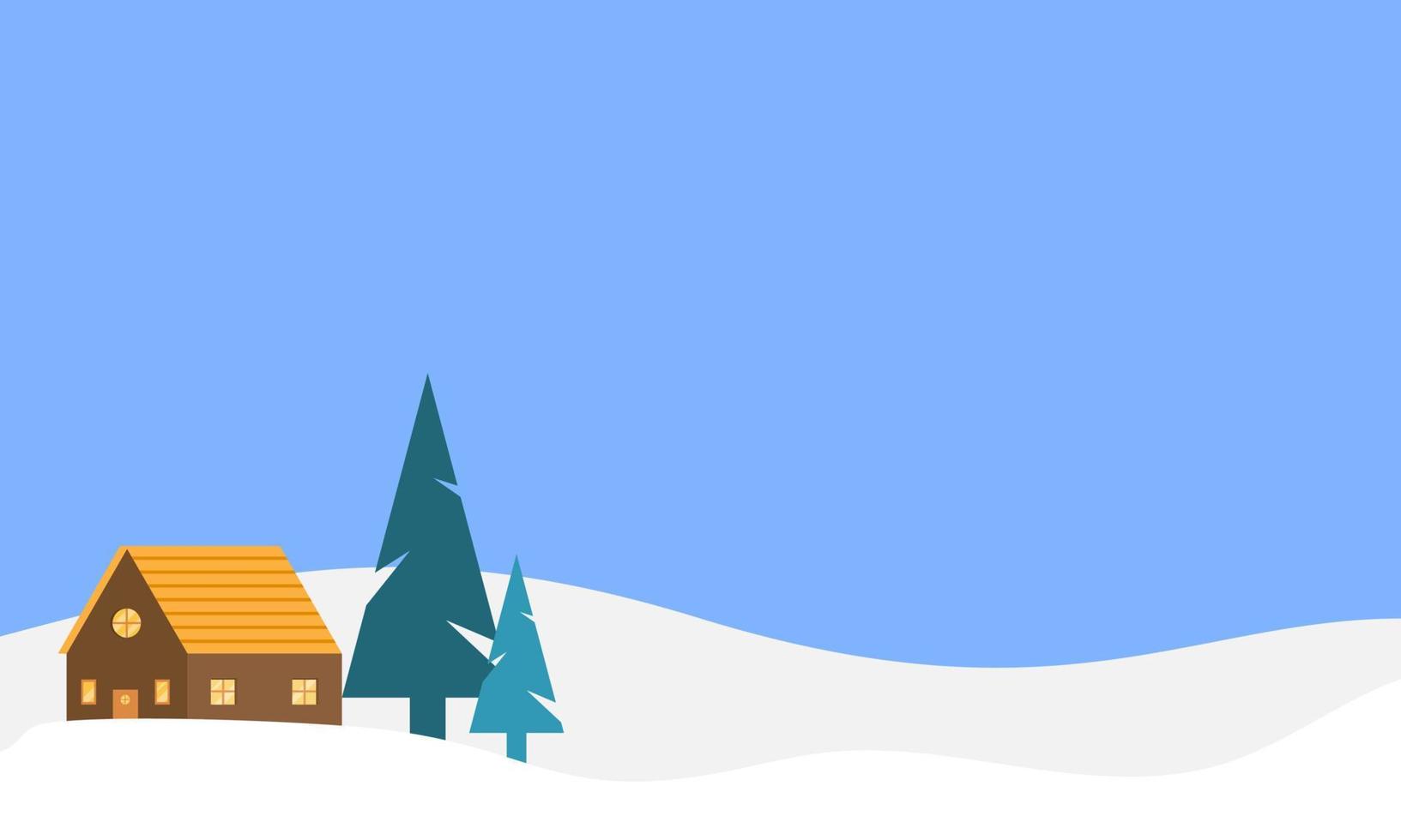 Winter landscape illustration with pine trees, clouds, and house. Winter wallpaper with flat style design. Winter illustration with cartoon style. Hello winter. vector