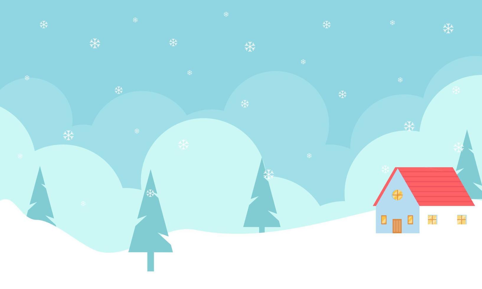 ilustración de paisaje invernal con pinos, nubes y casa. papel tapiz de invierno con diseño de estilo plano. ilustración de invierno con estilo de dibujos animados. Hola invierno. vector