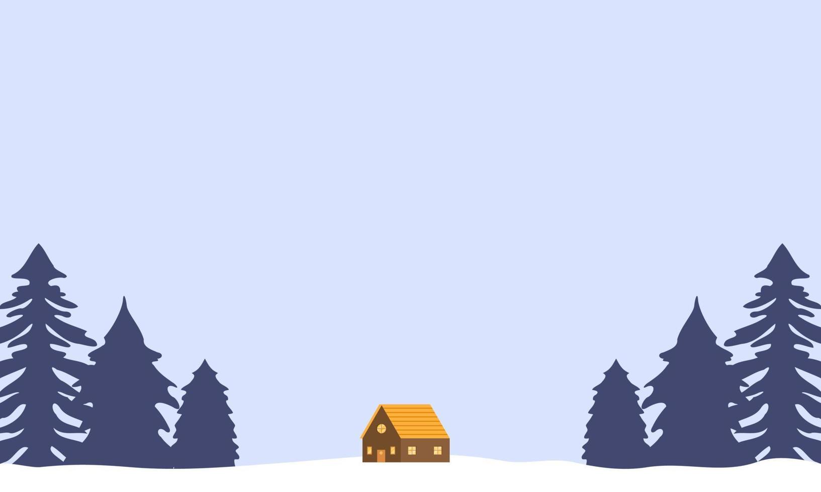 Winter landscape illustration with pine trees, clouds, and house. Winter wallpaper with flat style design. Winter illustration with cartoon style. Hello winter. vector