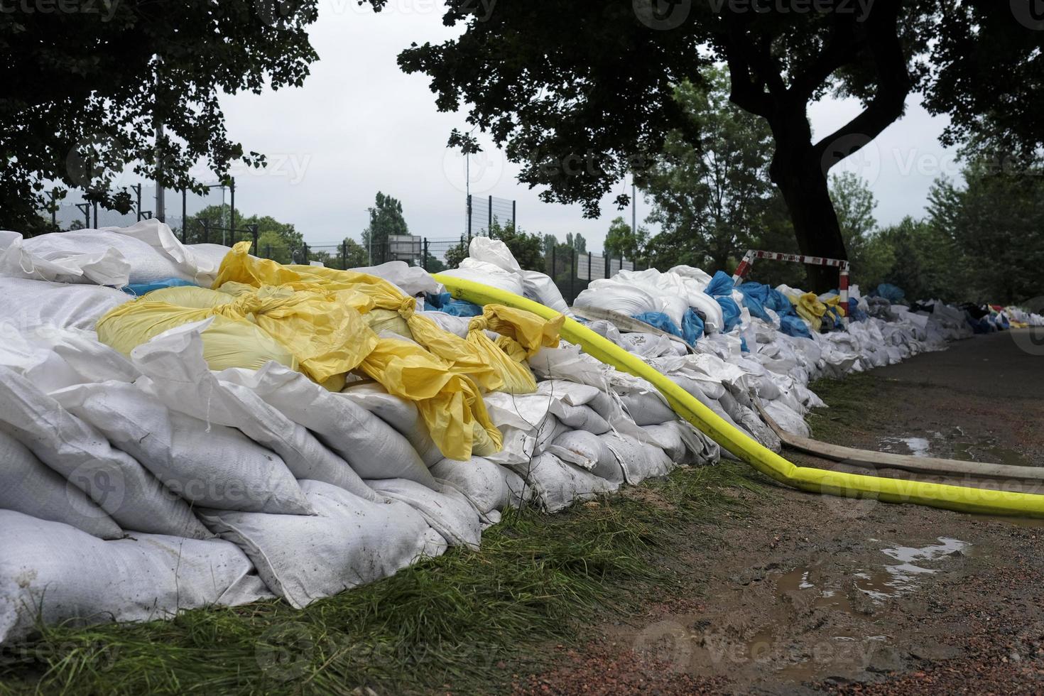 Clima extremo: una línea de bolsas de arena y mangueras para bombear agua de los sótanos inundados en Düsseldorf, Alemania foto