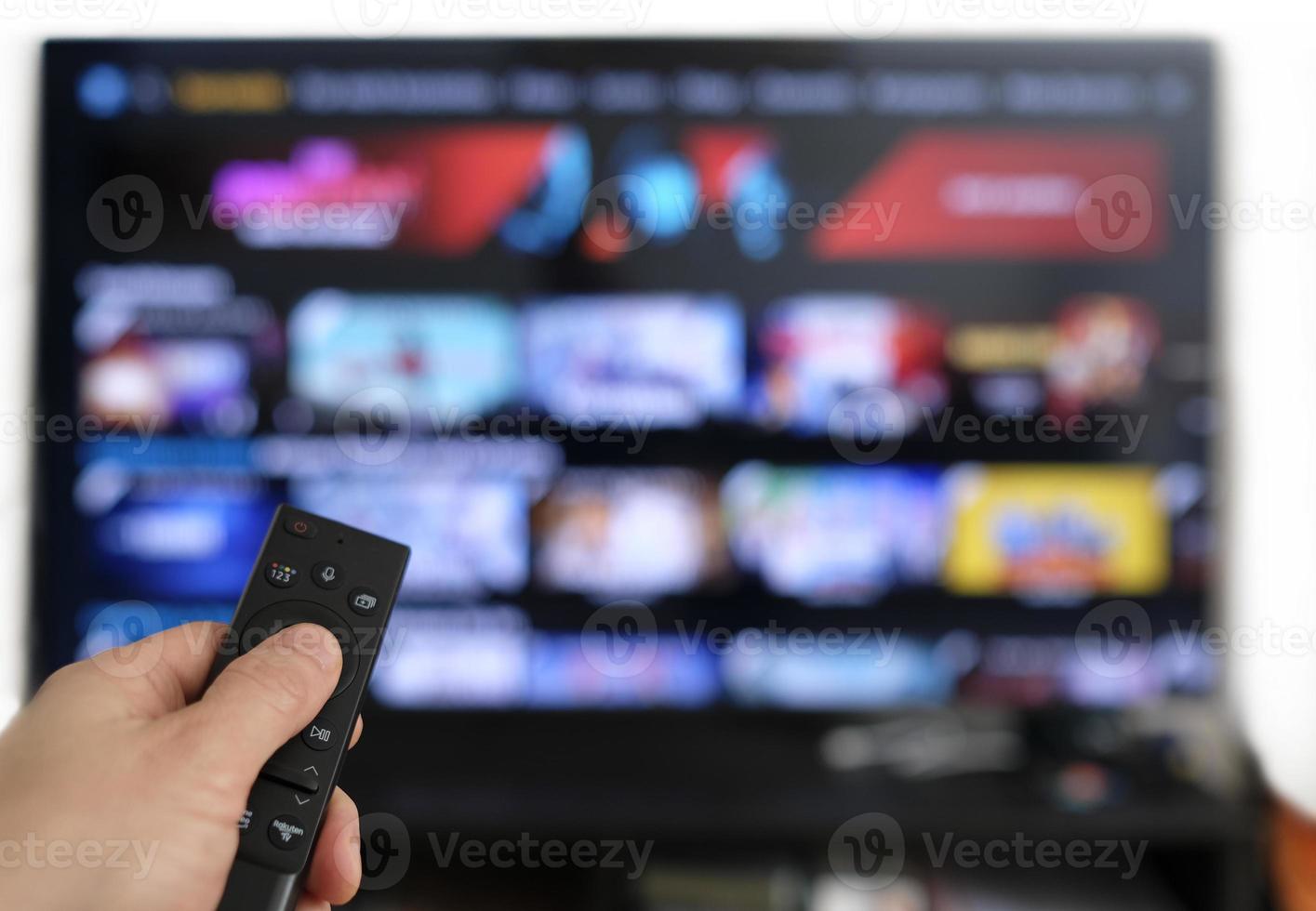 Remote control and screen - binge watching the favourite TV show photo