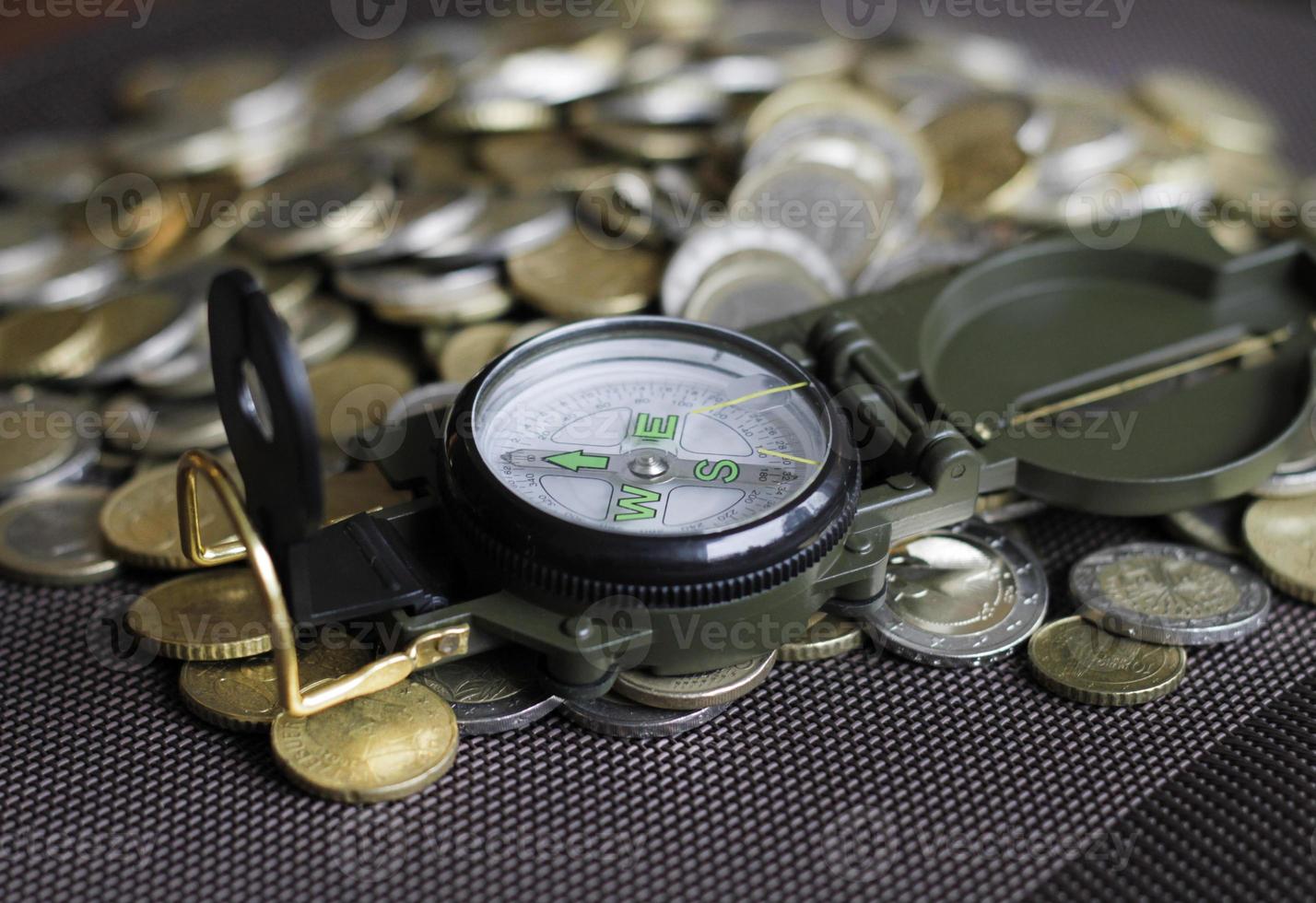 Finding the right investment strategy - compass on a pile of money photo