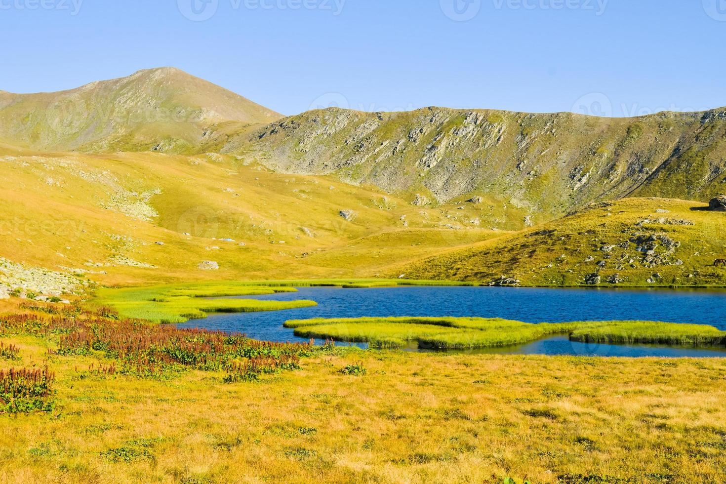 Small pristine mountain lake with horse on hiking trail to black rock lake in Lagodekhi national park.Hidden spots gems in Georgia photo