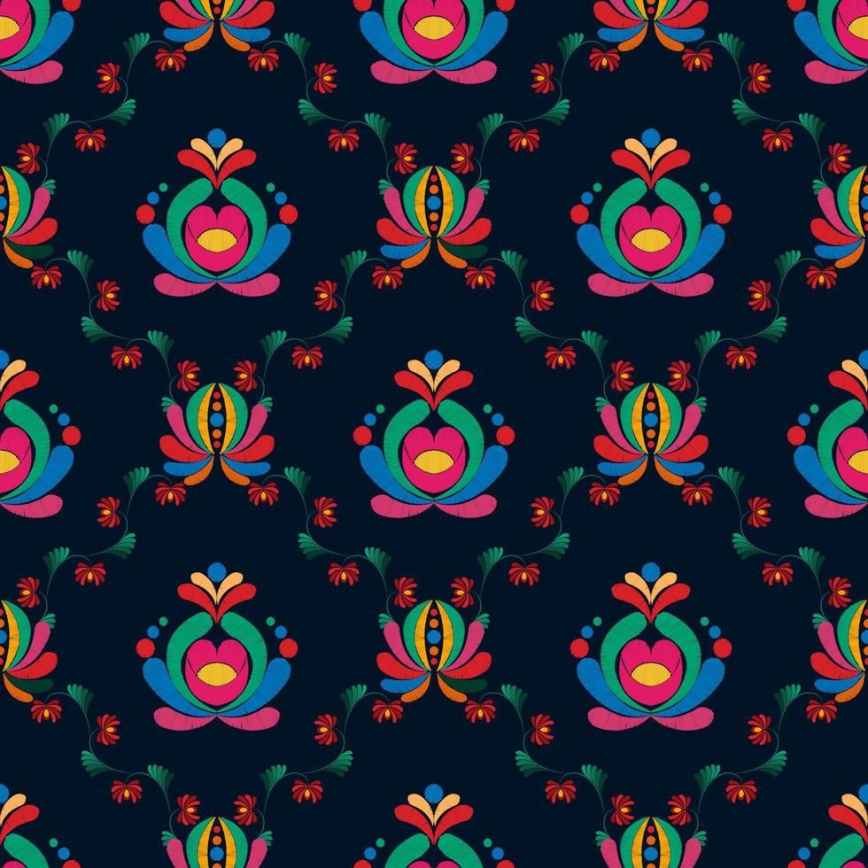 diseño de decoración de patrones sin fisuras de ikat étnico floral. alfombra de tela azteca boho mandalas decoración textil papel tapiz. Fondo de vector de bordado tradicional decorativo de flores con motivos nativos tribales