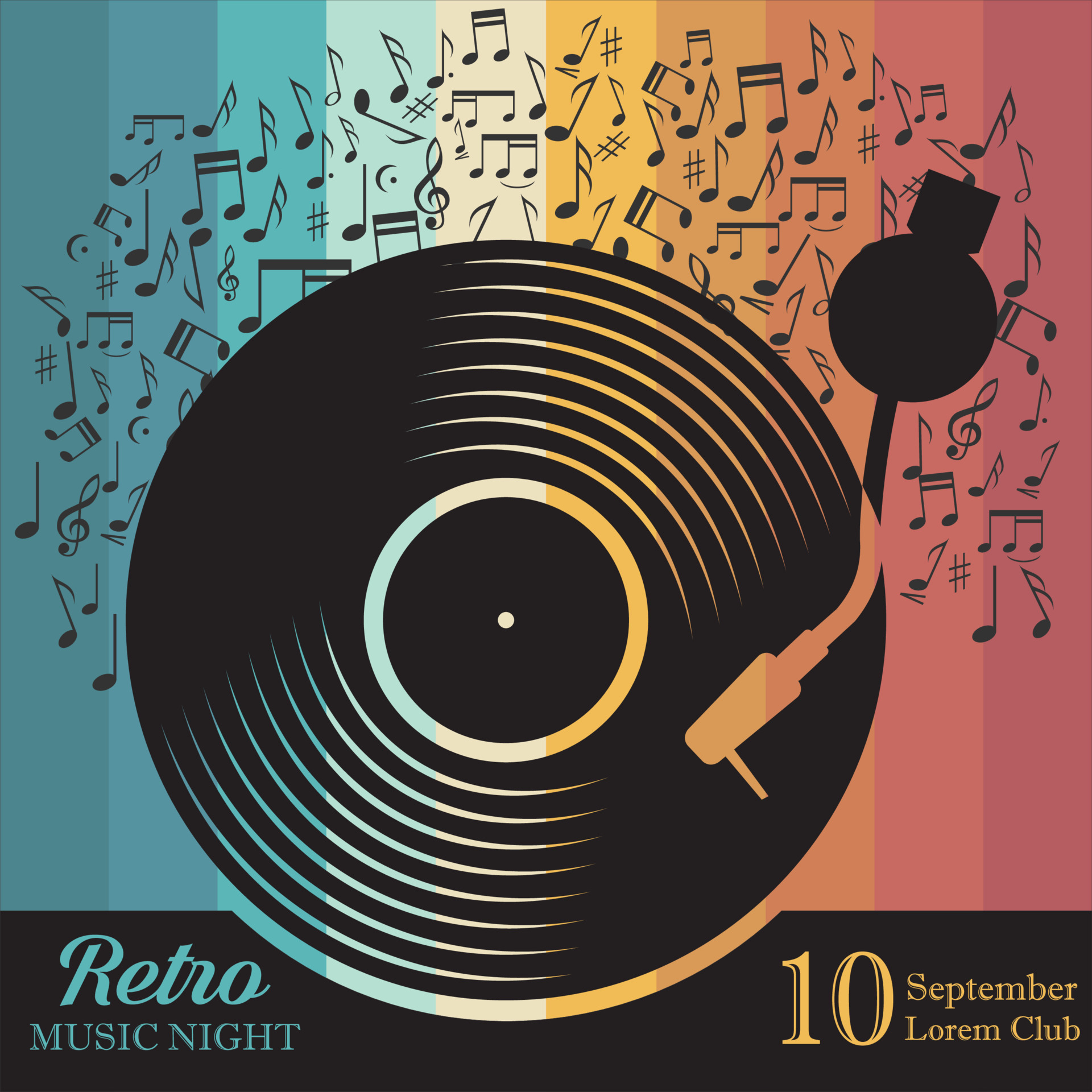 Black vinyl record disc retro music night flat concept vector