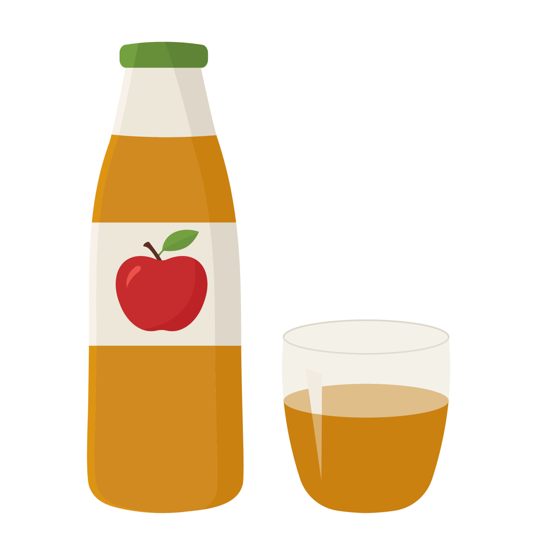 Natural apple juice in glass bottle in flat style on white background
