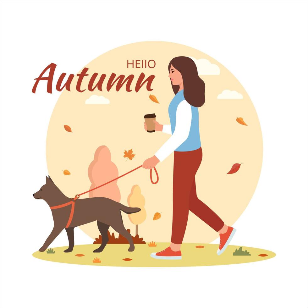 una niña pasea al perro. hola otoño. café en la mano. ilustración vectorial vector