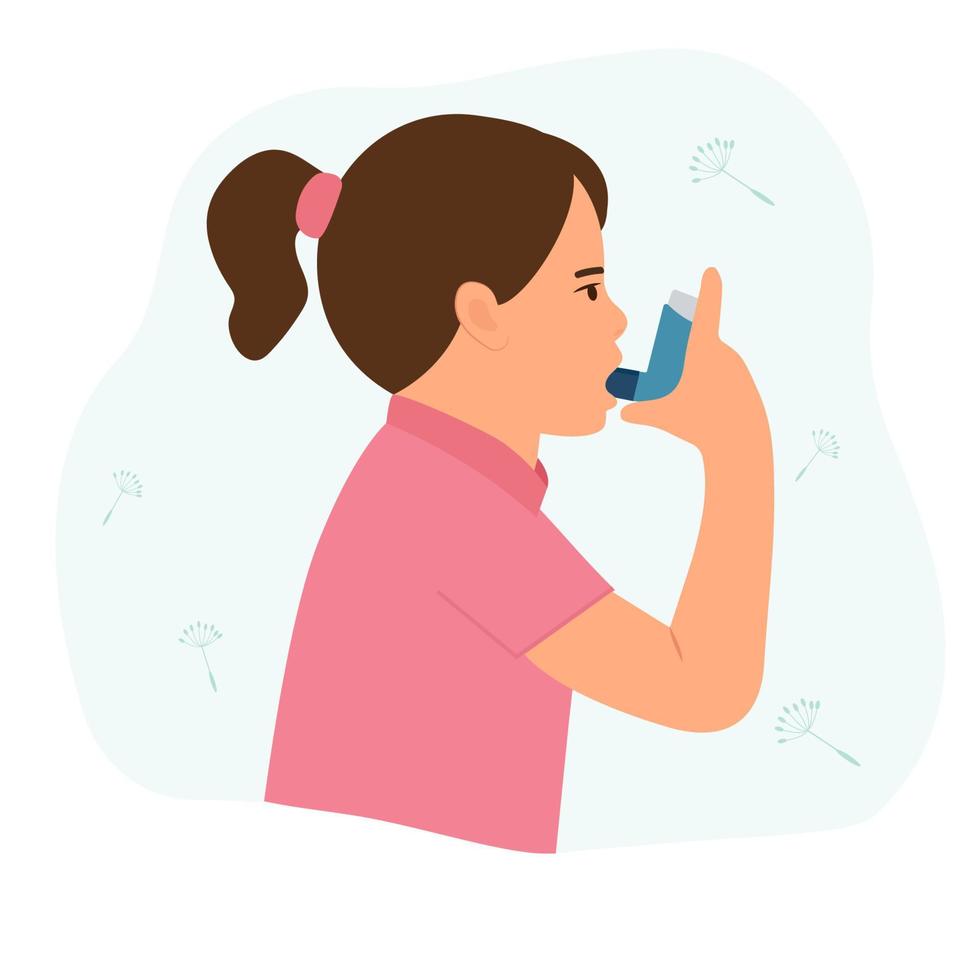 Little girl uses an asthma inhaler against attack. World asthma day. Allergy,Bronchial asthma kids.Vector  illustration vector