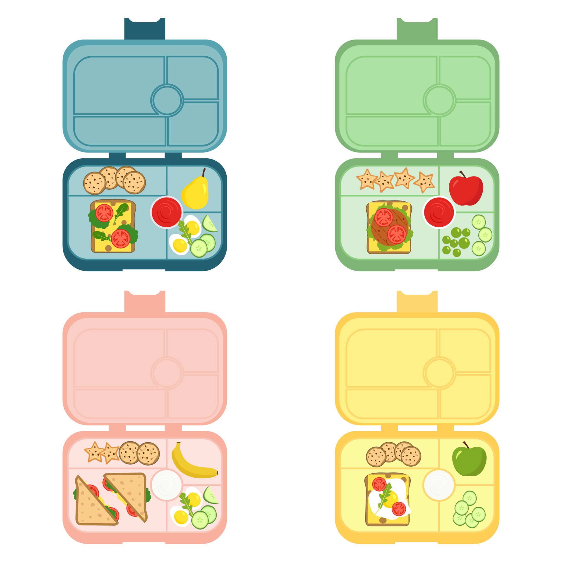 Set of school lunch boxes. Children's trays with sandwiches