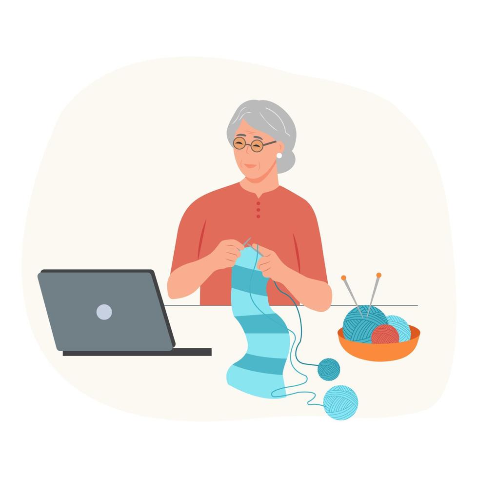 Grandma holds knitting needles and knits. Cute grandmother with laptop.The concept of using the computer by the elderly in retirement. Vector illustration