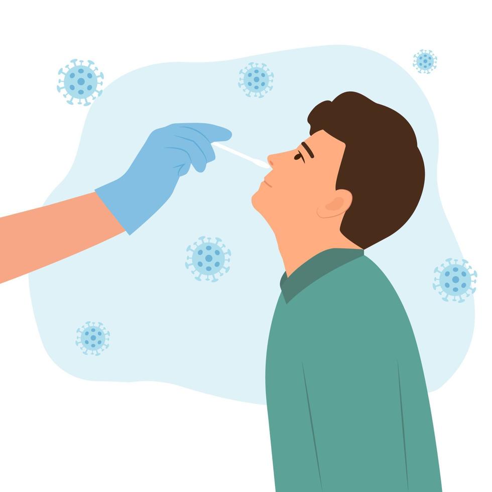 Man receiving a covid19 coronavirus or DNA testing by medical staff, doctor or nurse.PCR test, influenza check, nasal swab laboratory test diagnosis of influenza.  Flat Vector Illustration.