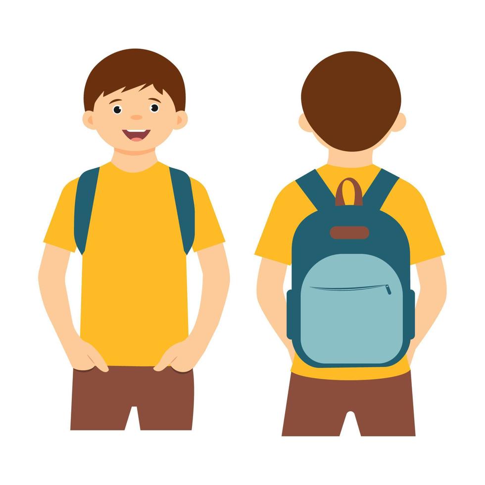 School bag. A schoolboy stands with a backpack. Front and back views. vector