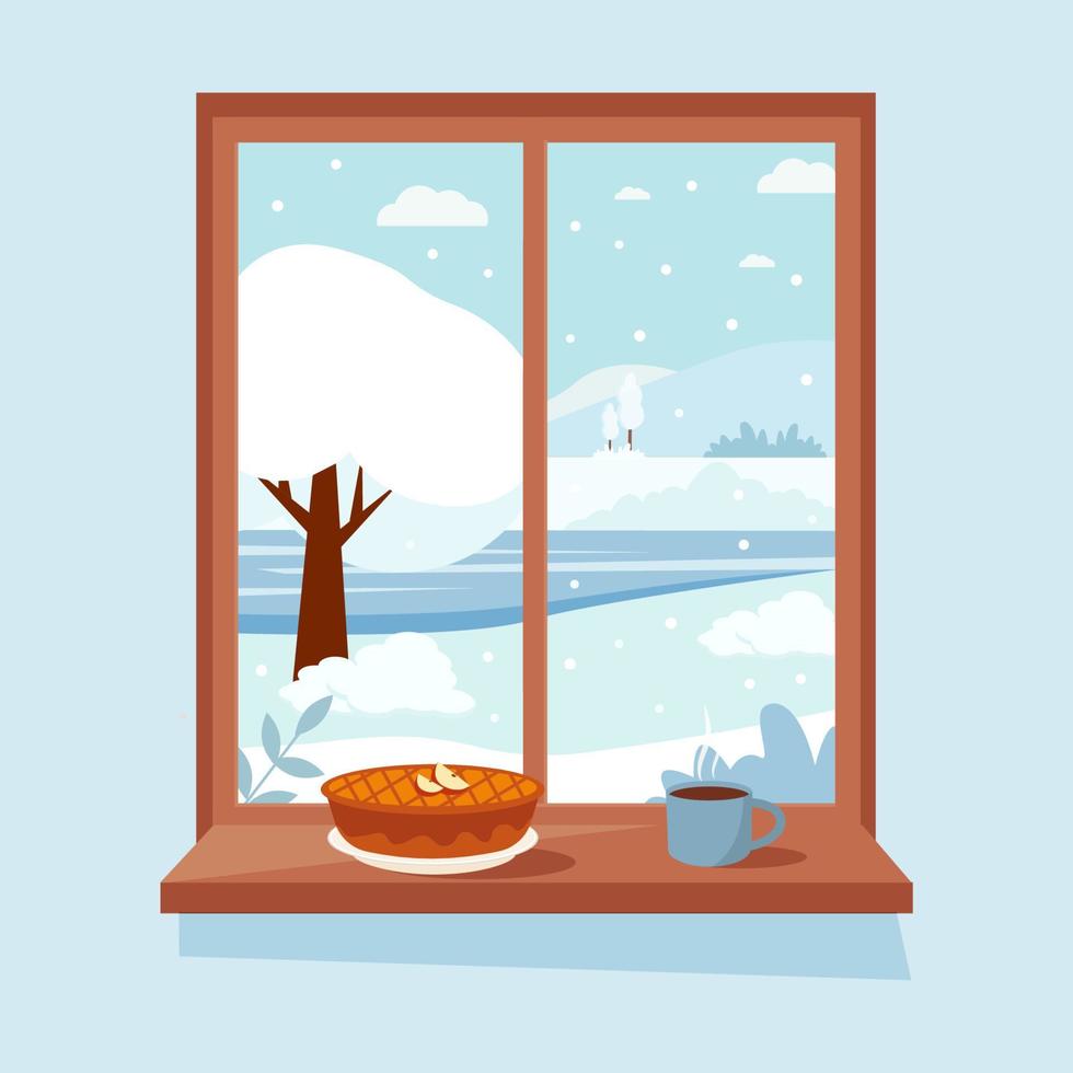 Winter window with view, apple pie  with and a coffee or tea cup on the sill.the sill. Cozy vector illustration in flat style