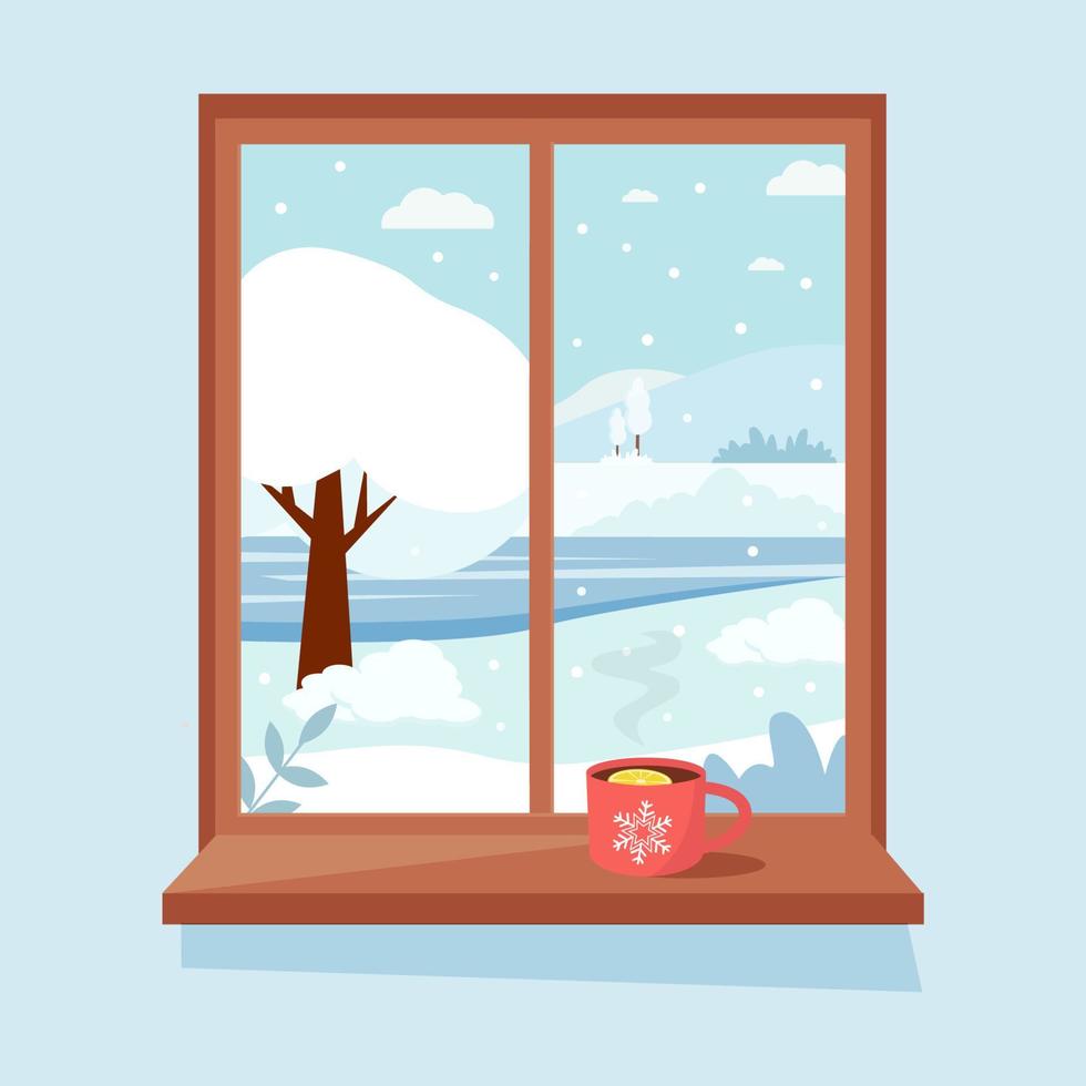 Winter window with view, apple pie  with and a coffee or tea cup on the sill.the sill. Cozy vector illustration in flat style