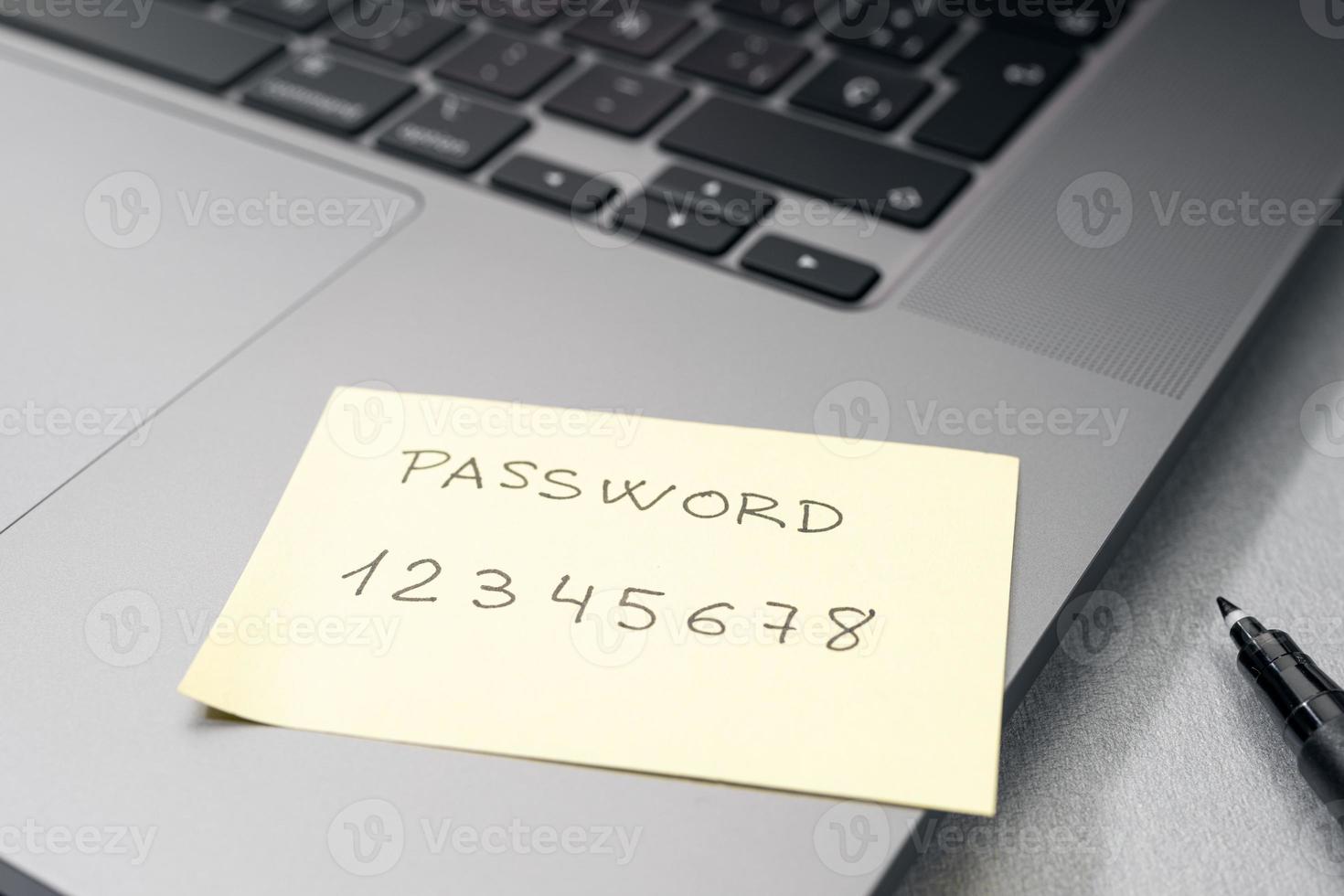Weak password concept. Handwritten text on sticky note on laptop. Computer security management photo