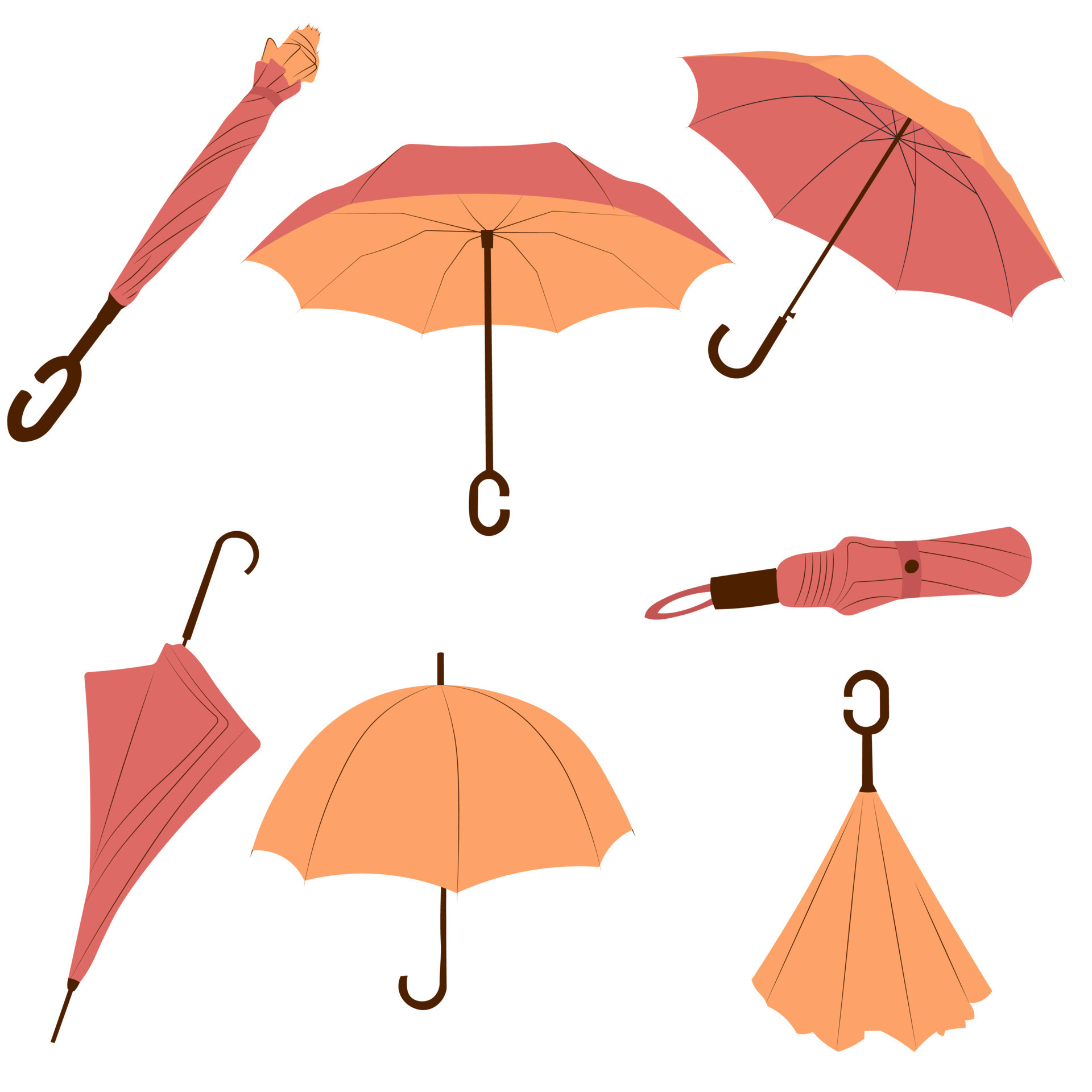 set vector illustration of open and folded umbrellas in flat style