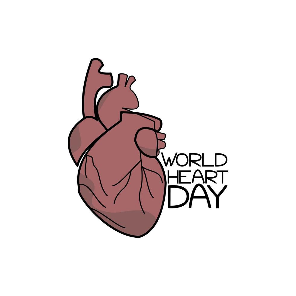 día mundial del corazón, imagen del corazón humano y letras temáticas, anatomía humana y salud para crear una postal, afiche o folleto informativo, ilustración vectorial vector