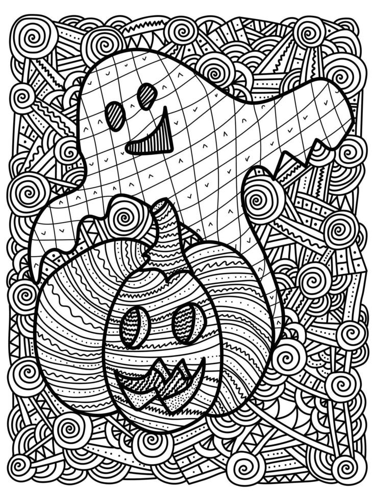 Halloween coloring page with ghost, pumpkin and abstract patterns vector