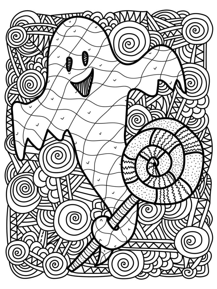 Ghost with candy coloring page for halloween activity vector
