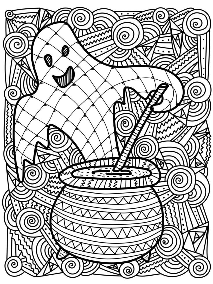 Cute ghost with cauldron Halloween coloring page vector