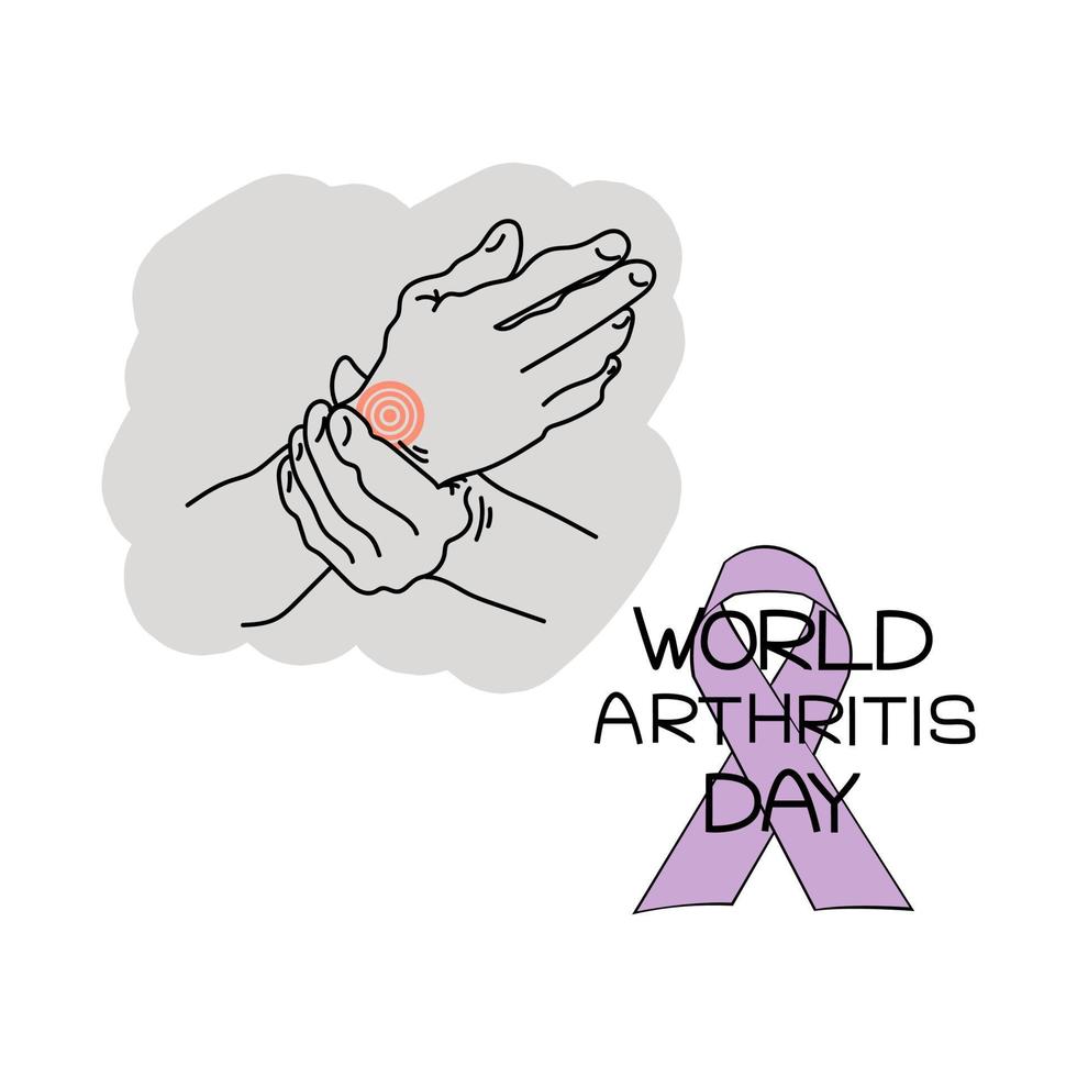World Arthritis Day, Symbolic image of a person's hands with joint pain, themed inscription and a purple ribbon vector