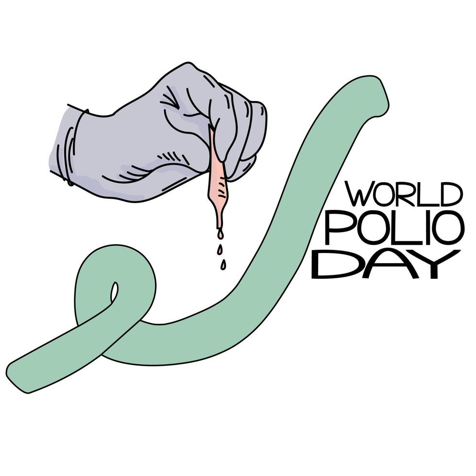 World Polio Day, Hand in a medical glove with a droplet vaccine dropper, a green ribbon and a thematic inscription vector