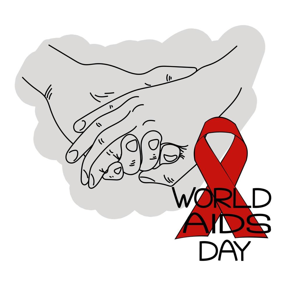 World AIDS Day. Hand in hand symbolizing support and help, red ribbon and themed inscription vector