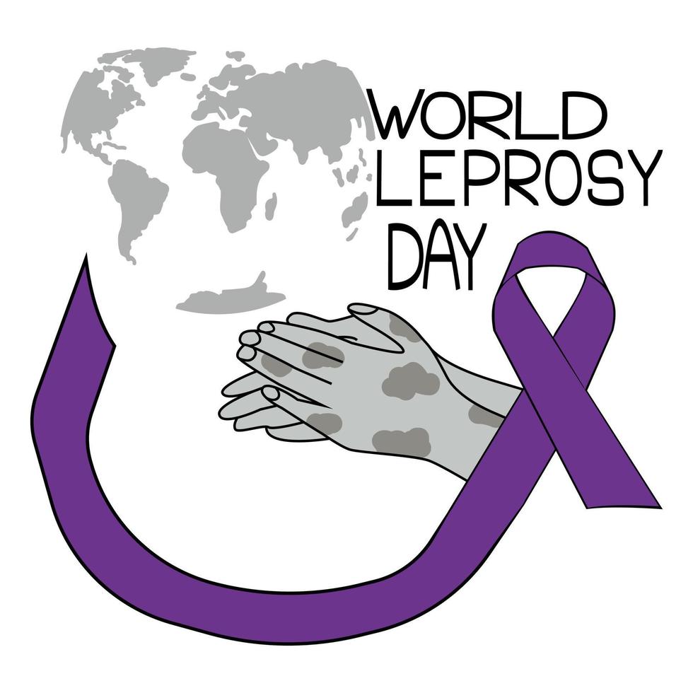 World Leprosy Day, Silhouette of a hand with a skin lesion, against the background of a silhouette of the world map, a purple ribbon and a thematic inscription vector