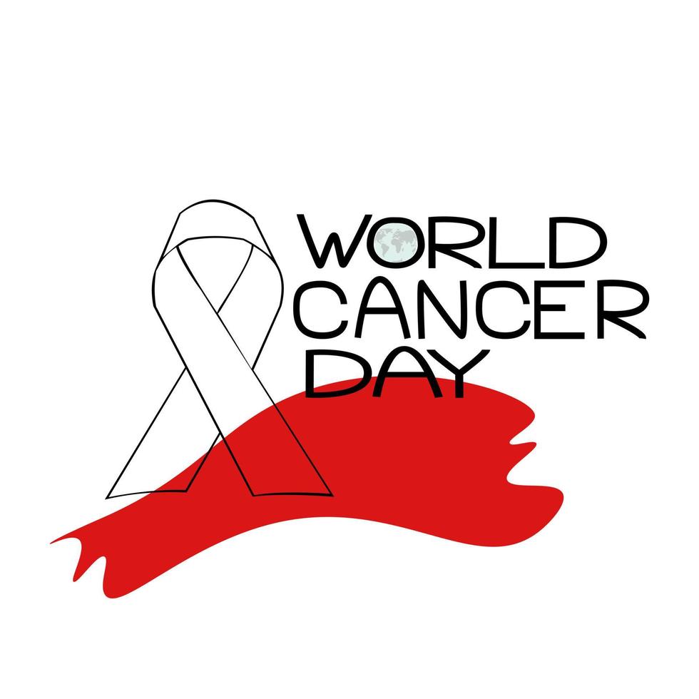 World Cancer Day, Themed inscription with a silhouette of the planet in the letter o, a ribbon outline and a red spot vector