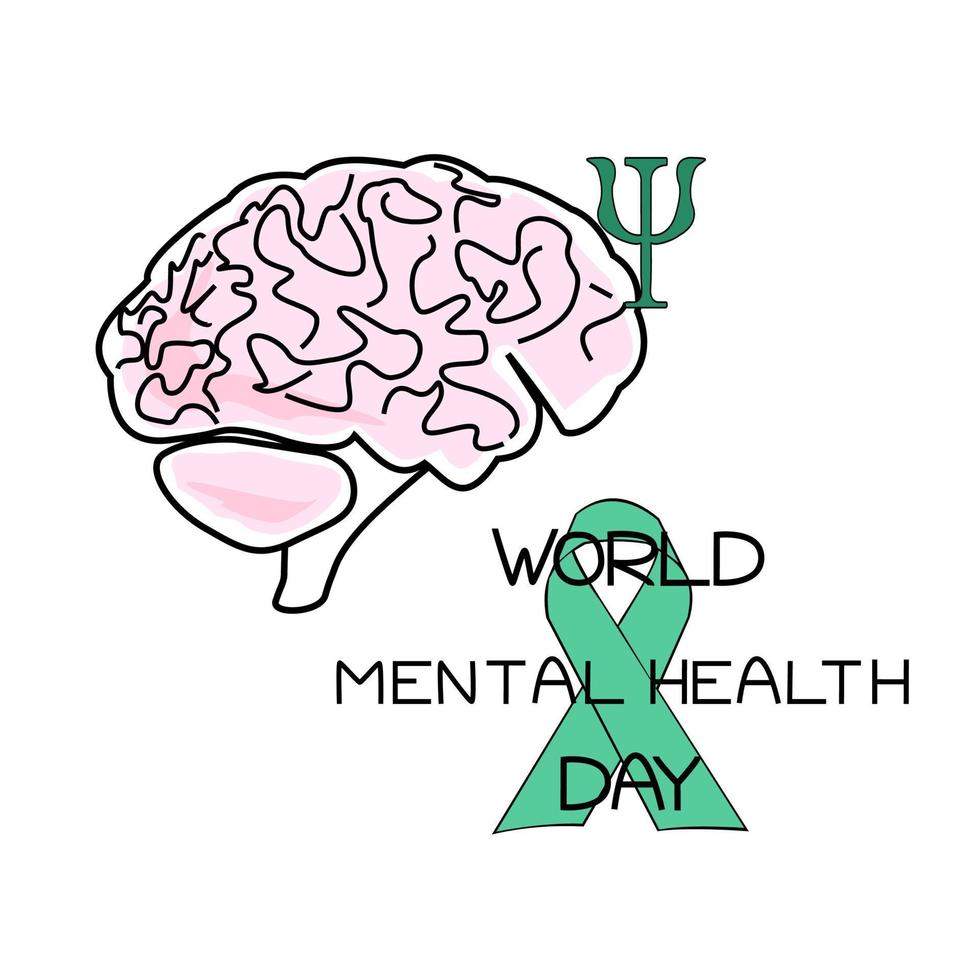 día mundial de la salud mental, imagen esquemática del cerebro humano, icono de psicología letra psi, cinta verde e inscripción temática vector