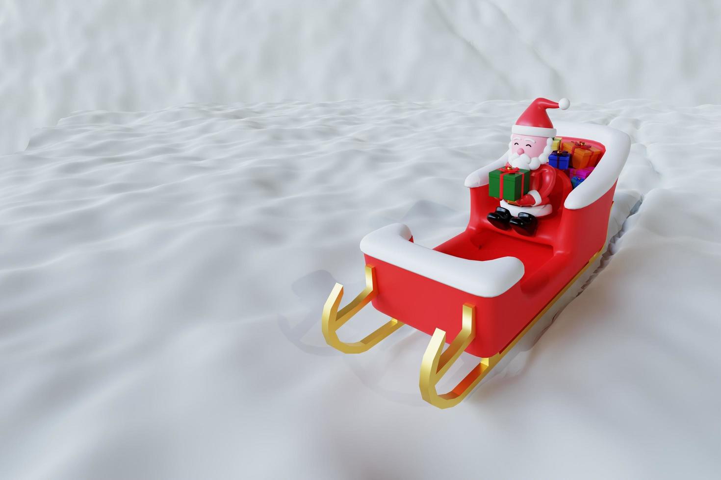 3d render santa riding with reindeer sleigh on snow background photo