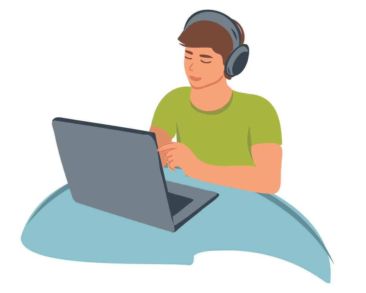 Young male student studying with headphones at a laptop. Watching a webinar, attending an online class, study conference, talking with a teacher via video link vector