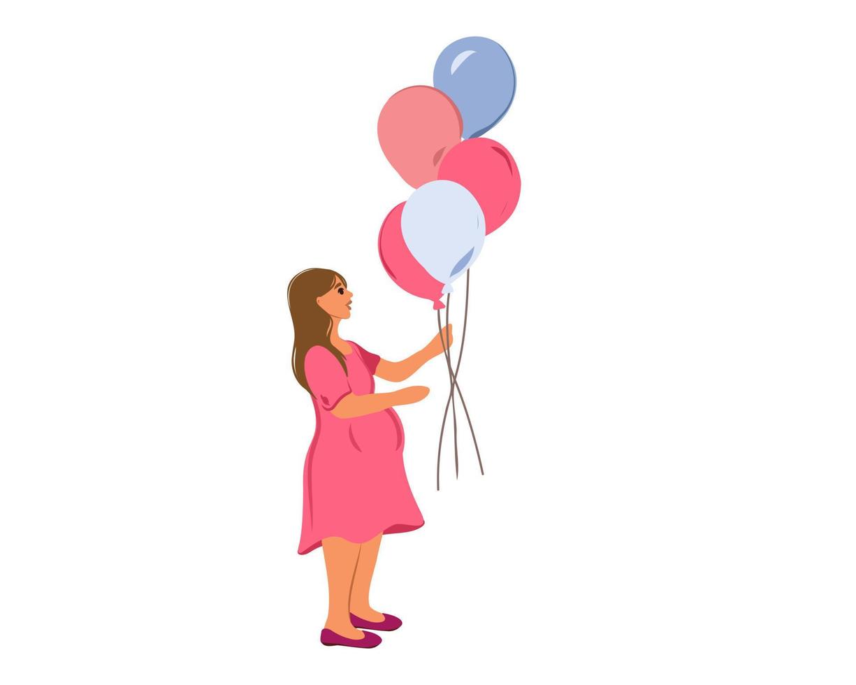 una mujer embarazada alegre sostiene globos rosas y azules para averiguar el sexo del bebé. partido de genero ilustración vectorial aislado sobre fondo blanco vector