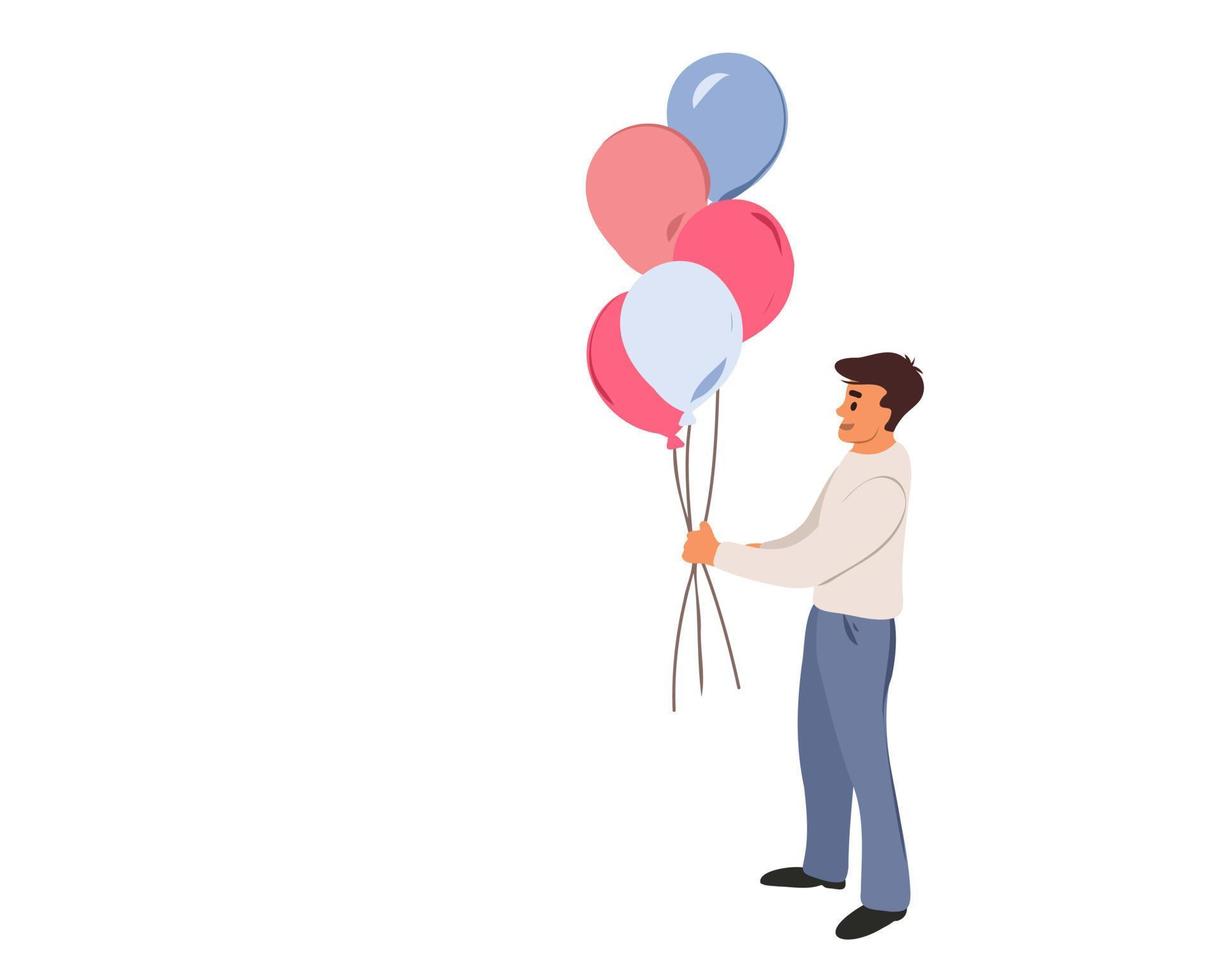Young happy father holding pink and blue balloons to find out the gender of the baby. Gender Party. Vector illustration isolated on white background