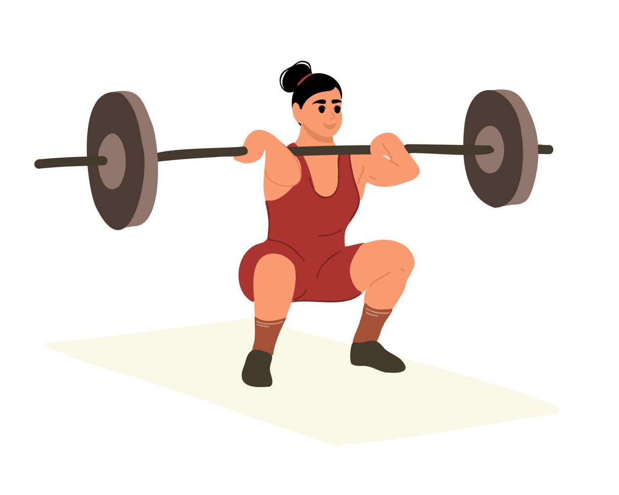 Young bodybuilder woman doing exercise with a heavy weight bar in gym. Strong muscular woman in sportswear doing deadlift during workout.  Powerlifting, sports lifestyle. vector