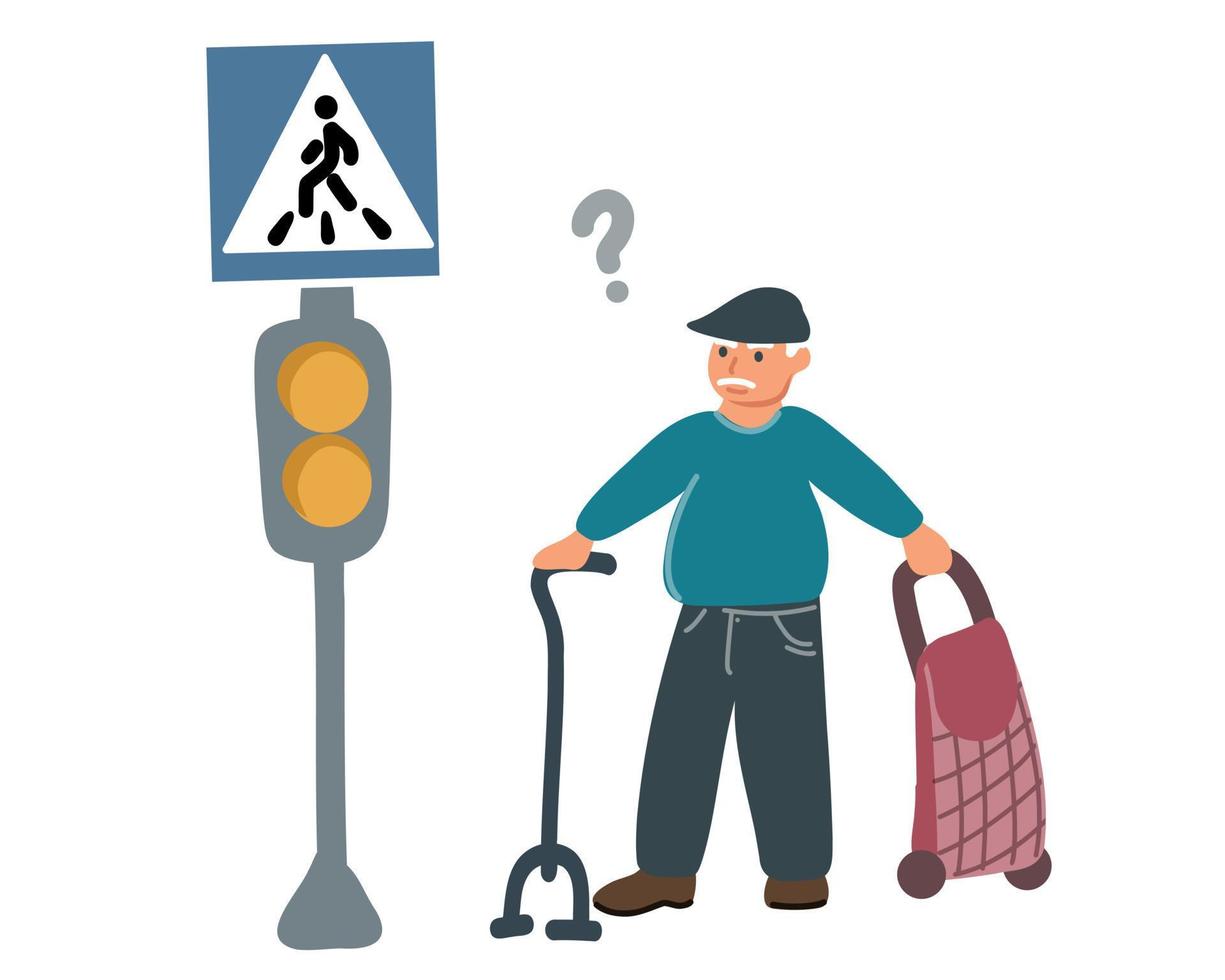 un anciano o un abuelo cruza la calle en un paso de peatones no regulado. Leyes de Tránsito. seguridad en la carretera. vector