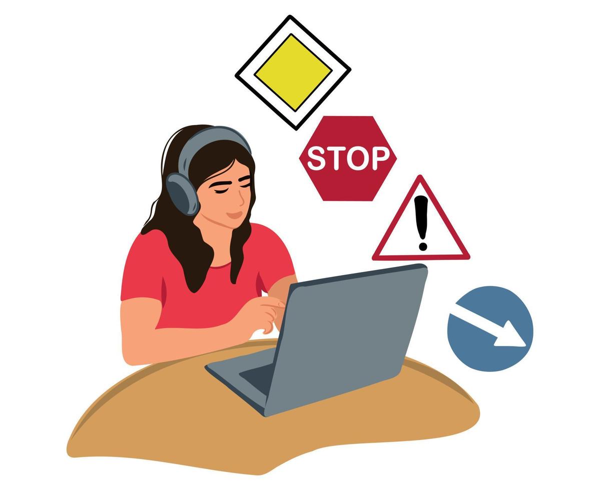 Learning the rules of the road. A woman chooses an answer to an online test question. Driving school education. Remote driving test. Stages of training in a driving school. vector