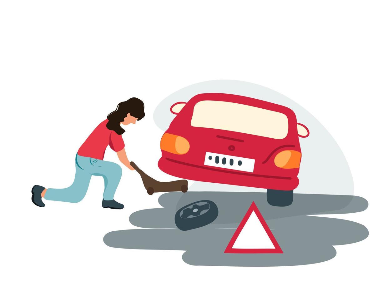 A young woman or girl lifts a car to change a flat tire on the road. A roadside assistance worker changes the wheel of a car on a highway. vector