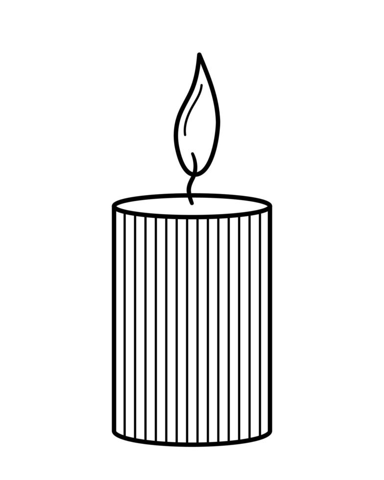 Burning striped candle. Hand drawn sketch icon. Isolated vector illustration in doodle line style.